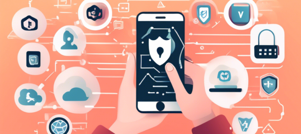 Create an illustration showing various elements of an iPhone screen with icons of free VPN apps. The screen should show multiple VPN icons with 'Free' tags, and a user’s hand is about to tap on one of the VPN icons. The background should include a subtle design related to cybersecurity, such as padlocks or shields, to emphasize security and privacy.
