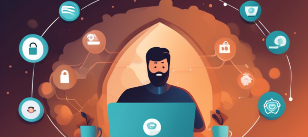 Create an image that illustrates the concept of online privacy protection using a free VPN. The scene should show a person using a laptop in a coffee shop, with a digital shield symbol emanating from the device. The background should include subtle icons of padlocks and virtual private network (VPN) nodes connected in a network to symbolize security. The overall tone should be friendly and reassuring.