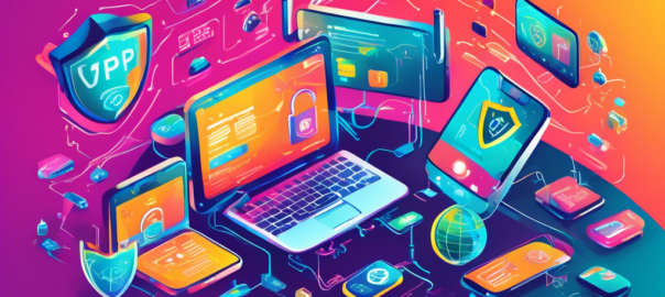 Create a vibrant and engaging digital illustration featuring various devices like smartphones, laptops, and tablets connected to a globe with secure padlocks and shield icons, symbolizing internet security and free VPN services. Include user-friendly interface elements and a tagline that reads 'The Ultimate Guide to the Best Free VPNs'.