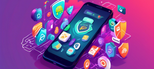 Create an image of an Android smartphone displaying various VPN apps on its screen. The background should feature a shield icon symbolizing security and a Wi-Fi symbol representing internet connectivity. Include popular free VPN app logos, and highlight elements that suggest privacy, protection, and easy access.
