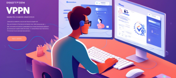 A digital illustration of an enthusiastic user sitting at a desk with a modern computer, going through the steps to download a VPN for their PC. The monitor displays a VPN website, and a progress bar indicates downloading in process. Surrounding the user, icons and symbols representing a secure connection, privacy, and internet freedom emphasize the benefits of VPN usage. In the background, a cozy home office setting with elements like a coffee mug, plant, and bookshelf adds a personal touch.