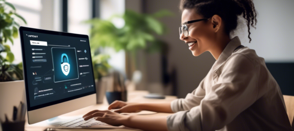 Create an image of a person sitting at a desk with a computer, showing a step-by-step process on the screen for downloading a VPN for free. The computer screen should display a website with a 'Download VPN' button, followed by simple instructional icons of steps (like clicking a button, loading a download bar, and installing software). The room should have a cozy atmosphere with bookshelves and some indoor plants in the background.