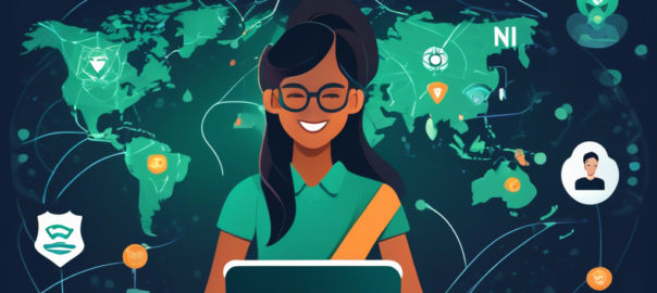 Create an illustration of a person using a laptop with a serene smile, connected to a Wi-Fi network with the ProtonVPN logo visible on the screen. Surround the person with graphical elements like a secure shield, a globe symbolizing global access, and icons representing privacy and security. In the background, depict various international landmarks subtly to emphasize global connectivity. Use vibrant colors to convey a sense of safety and freedom.