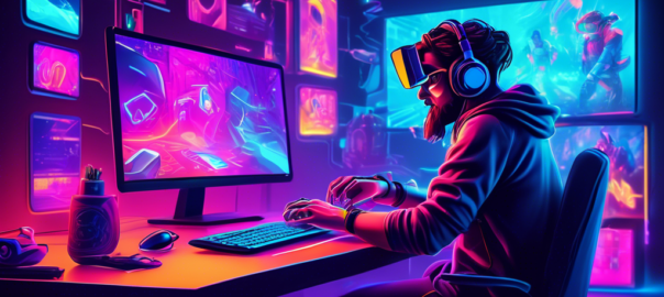 Create an image of a gamer in an immersive gaming setup, surrounded by neon lights and a high-tech environment, using a laptop with multiple icons of popular free VPN services displayed on the screen. The scene should emphasize fast, lag-free gaming experience with visible in-game action on a large monitor.