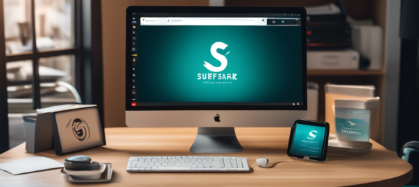 Create an image of a modern desktop computer with the Surfshark VPN logo displayed prominently on the screen. The workspace is neat and organized, featuring informational books, a notepad, and a cup of coffee. Surrounding the desk are subtle elements that represent internet security and trial subscriptions, such as a padlock, trial countdown timer, and secure connection icons. The background is a light, calming shade to evoke a sense of reliability and trust.