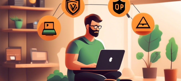 Create a detailed and visually appealing image of a person using a laptop in a cozy home setting, with the IPVanish VPN logo displayed on the screen. Surround them with icons of online security and privacy, such as a shield, lock, and checkmark, to represent the comprehensive benefits of using a VPN. The background should include subtle hints of guides and how-to elements, such as open manuals, step-by-step instructions, and infographics.