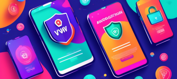 Create an image of an Android phone displaying a vibrant VPN app interface with a 'Free' and 'No Registration Required' banner. The background should include icons of privacy, security, and a globe to signify global access. Include elements like a shield, lock, and Wi-Fi symbols to represent secure internet browsing.
