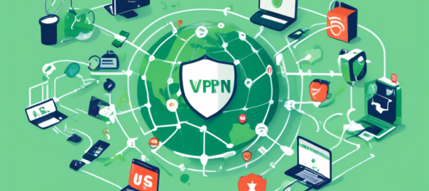 Create an illustration of a connected globe with the United States highlighted, surrounded by padlocks and VPN symbols, showing various devices such as smartphones, laptops, and tablets linked securely with green check marks. Text overlay reads 'Top Benefits of Using a Free USA VPN' with icons representing security, privacy, access to geo-restricted content, anonymous browsing, and protection on public Wi-Fi.