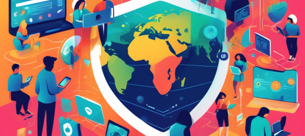Create an illustration showcasing a digital landscape representing online privacy, featuring a shield symbolizing security, various VPN logos, and a diverse group of people using different devices like laptops and smartphones. Include visual elements like locks, encrypted data streams, and a globe to signify global connectivity, all set in a modern, tech-inspired environment.