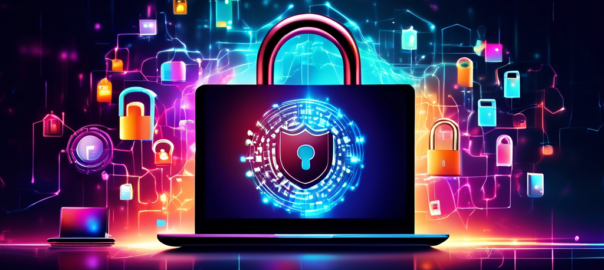Create an image of a digital lock and shield symbolizing online privacy, surrounded by a vibrant network of interconnected devices (laptops, smartphones, tablets) on a glowing backdrop that represents the internet. Include visual elements like encrypted data streams and padlocks to convey security. The overall mood should be sleek and modern, embodying the concept of digital protection and freedom in the online space.