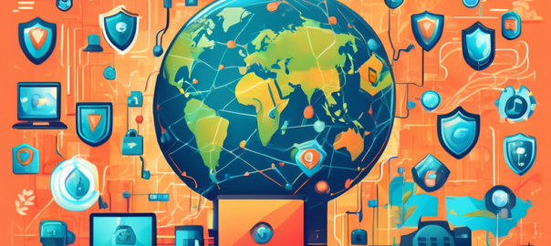 Create an illustration featuring a digital landscape with various browser icons surrounded by shields and locks, symbolizing privacy and security. Include elements like a globe, data streams, and abstract representations of free VPN services. The overall tone should convey innovation and protection, highlighting the importance of safe browsing in a modern, connected world.