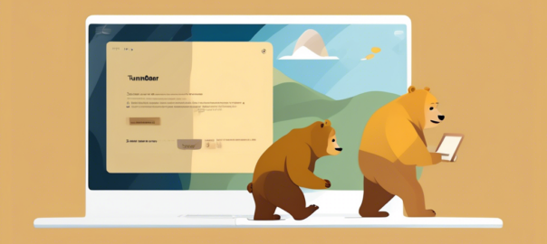An illustrated step-by-step guide on downloading the TunnelBear VPN app for secure browsing, featuring a user-friendly interface with a computer screen displaying the TunnelBear logo, a download button being clicked, and a cartoon bear symbolizing online safety. The background includes visual elements of a digital landscape and privacy symbols, representing secure internet browsing.