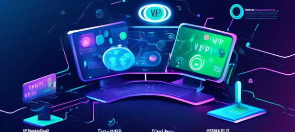 Create an image showcasing a sleek computer desktop with a vibrant, futuristic interface displaying icons for the top 5 best free VPNs of 2023. Include elements like virtual shields, a world map for global connectivity, and digital locks to symbolize security. The background should be tech-themed, with a hint of blue and green color tones, and an overlay of the text Top 5 Free VPNs for PC Download in 2023 in a modern font.