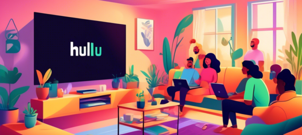 An illustration showcasing a vibrant living room scene where diverse individuals are happily watching Hulu on a large TV. They're surrounded by various devices like laptops and tablets, each displaying a VPN interface. Overlay the image with colorful icons of popular VPN brands, while emphasizing the theme of 'streaming without restrictions' with visual elements like unlocked padlocks and wide-open doors. The atmosphere should feel fun and carefree, highlighting the enjoyment of seamless streaming.