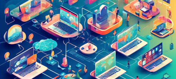Create an illustration showcasing a modern digital landscape featuring various top private VPN services. Include elements like a secure browsing shield, symbols of online privacy (like a locked padlock), diverse individuals browsing on different devices (laptops, smartphones, tablets), and vibrant representations of global connectivity with maps and network lines. The overall tone should convey safety, freedom, and technology in a visually engaging way.