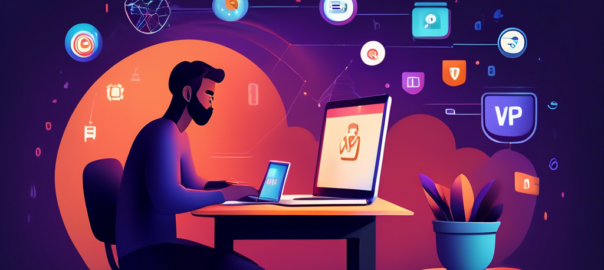 Create an image of a person sitting at a desk with a laptop open, displaying various VPN logos on the screen. The scene should include a small calendar suggesting a trial period and a Wi-Fi symbol above the laptop to indicate internet connectivity. Background elements might include soft lighting, a cozy room setting, and subtle icons representing security and privacy. The overall vibe should be modern and inviting, emphasizing the idea of exploring different VPN free trials today.