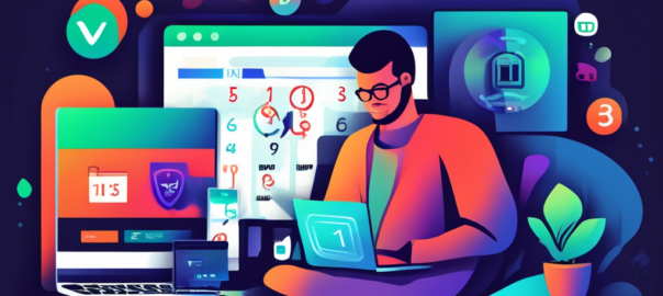 Create a vibrant illustration showing a person setting up IPVanish on various devices such as a laptop, smartphone, and tablet. The image should include elements like a calendar marked with a trial period, a secure shield icon, and a user-friendly interface on the screens. Highlight a sense of ease and security, reflecting the initial steps of starting a trial with IPVanish.